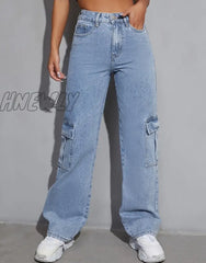 Hnewly Women High Waist Flap Pocket Side Baggy Jeans Relaxed Fit Casual Straight Stretch Wide Leg