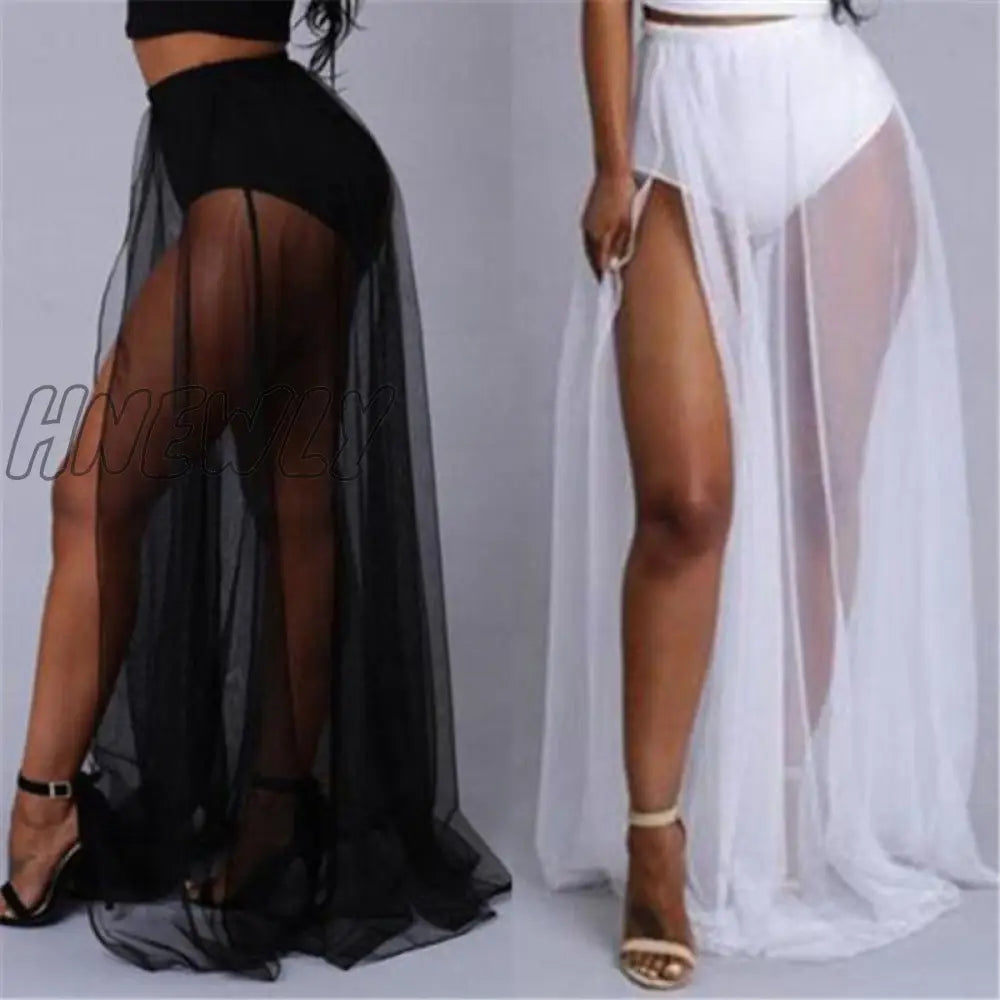 Hnewly Women High Waist Mesh Skirts Empire See Through Sheer Side Split Skirt Solid Transparent