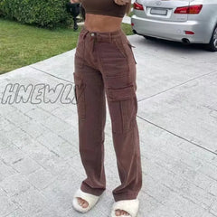 Hnewly Women Jeans Straight Pants 2024 New Multi-Pocket Cargo Loose Casual Denim Trousers Women’s
