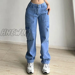 Hnewly Women Jeans Straight Pants 2024 New Multi-Pocket Cargo Loose Casual Denim Trousers Women’s