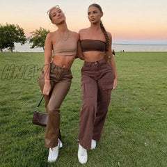 Hnewly Women Jeans Straight Pants 2024 New Multi-Pocket Cargo Loose Casual Denim Trousers Women’s