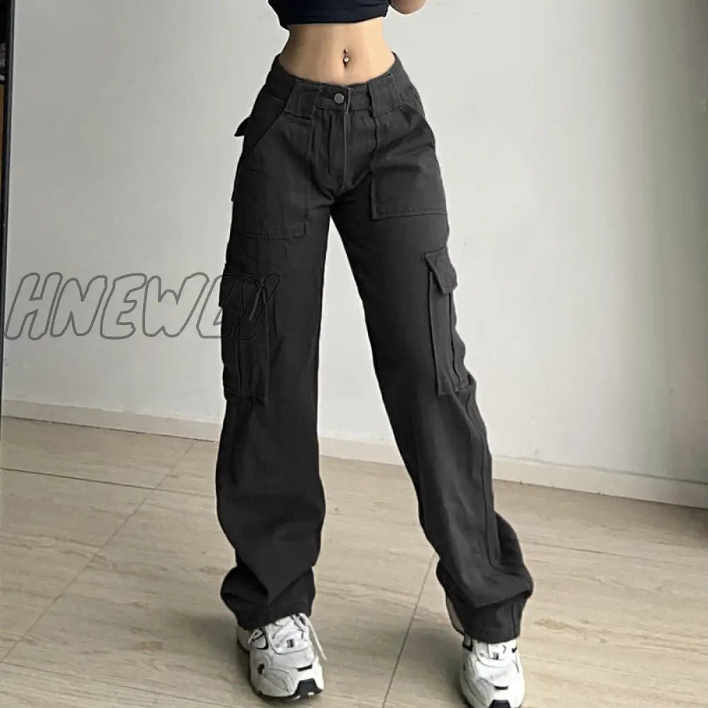 Hnewly Women Jeans Straight Pants 2024 New Multi-Pocket Cargo Loose Casual Denim Trousers Women’s