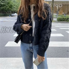 Hnewly Women Knitted Cardigan Sweater Korean Autumn Winter Coat Round Neck Single Breasted Loose