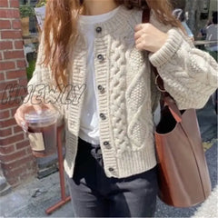 Hnewly Women Knitted Cardigan Sweater Korean Autumn Winter Coat Round Neck Single Breasted Loose