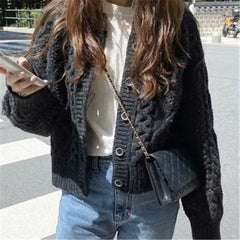 Hnewly Women Knitted Cardigan Sweater Korean Autumn Winter Coat Round Neck Single Breasted Loose
