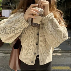 Hnewly Women Knitted Cardigan Sweater Korean Autumn Winter Coat Round Neck Single Breasted Loose