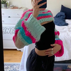 Hnewly Women Knitted Pullovers Hollow Out Stripes Contrast Color Long Sleeve Sweaters Fashion