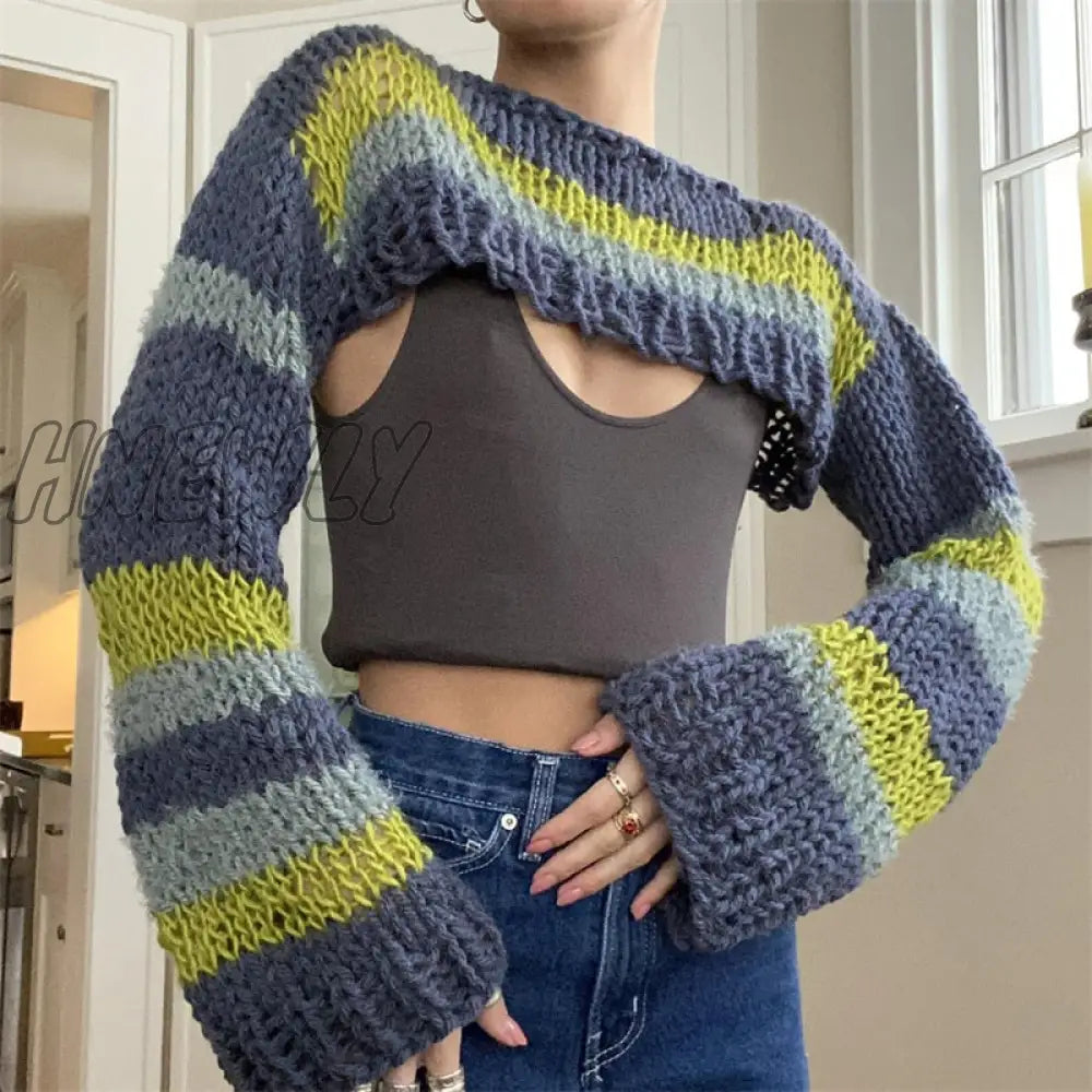 Hnewly Women Knitted Pullovers Hollow Out Stripes Contrast Color Long Sleeve Sweaters Fashion