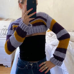 Hnewly Women Knitted Pullovers Hollow Out Stripes Contrast Color Long Sleeve Sweaters Fashion