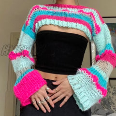 Hnewly Women Knitted Pullovers Hollow Out Stripes Contrast Color Long Sleeve Sweaters Fashion