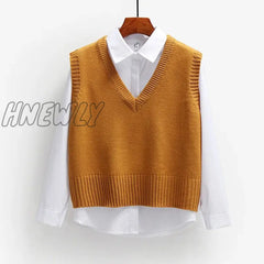 Hnewly Women Knitted Sweater Vest Spring Autumn Short Loose Vintage Sleeveless Girls V-Neck
