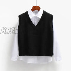 Hnewly Women Knitted Sweater Vest Spring Autumn Short Loose Vintage Sleeveless Girls V-Neck