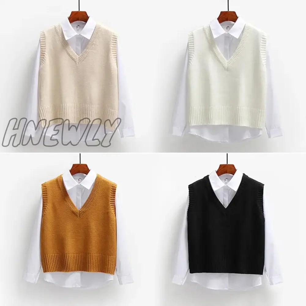 Hnewly Women Knitted Sweater Vest Spring Autumn Short Loose Vintage Sleeveless Girls V-Neck