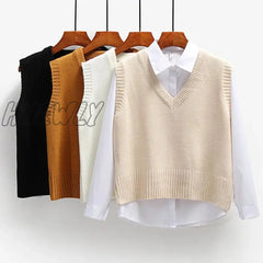 Hnewly Women Knitted Sweater Vest Spring Autumn Short Loose Vintage Sleeveless Girls V-Neck