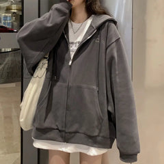 Hnewly Women Korean Style Hoodies Zip-Up Harajuku Oversized Solid Pocket Hooded Sweatshirts Autumn
