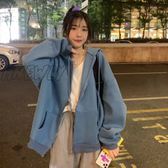 Hnewly Women Korean Style Hoodies Zip-Up Harajuku Oversized Solid Pocket Hooded Sweatshirts Autumn