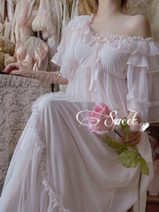 Hnewly Women Lolita Sweet Pink Princess Dress Vintage Royal Style Lace Mesh Nightgowns.ladies Tulle