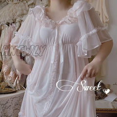 Hnewly Women Lolita Sweet Pink Princess Dress Vintage Royal Style Lace Mesh Nightgowns.ladies Tulle