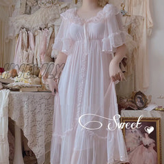 Hnewly Women Lolita Sweet Pink Princess Dress Vintage Royal Style Lace Mesh Nightgowns.ladies Tulle