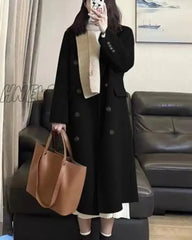 Hnewly Women Long Woolen Windbreaker Coat Korean Loose Fashion Single-Breasted Lapel Coats Female