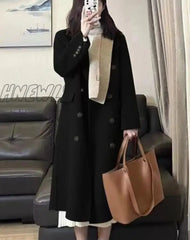 Hnewly Women Long Woolen Windbreaker Coat Korean Loose Fashion Single-Breasted Lapel Coats Female
