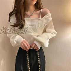 Hnewly Women Loose Knitted Pullover Sweaters Spring Summer Korean Sexy Off The Shoulder Criss Cross