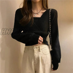 Hnewly Women Loose Knitted Pullover Sweaters Spring Summer Korean Sexy Off The Shoulder Criss Cross