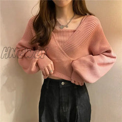 Hnewly Women Loose Knitted Pullover Sweaters Spring Summer Korean Sexy Off The Shoulder Criss Cross