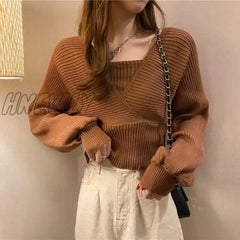 Hnewly Women Loose Knitted Pullover Sweaters Spring Summer Korean Sexy Off The Shoulder Criss Cross