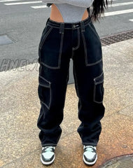 Hnewly Women Low Waist Y2K Jeans Wide Leg Baggy Cargo Pants Casual Loose Boyfriends Trousers