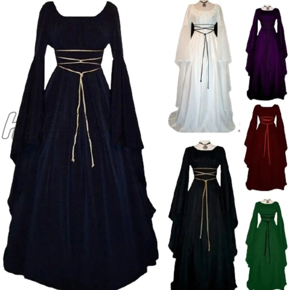Hnewly Women Middle Age Vintage Costumes Medieval Dress Gothic Dresses Floor Length Cosplay Retro