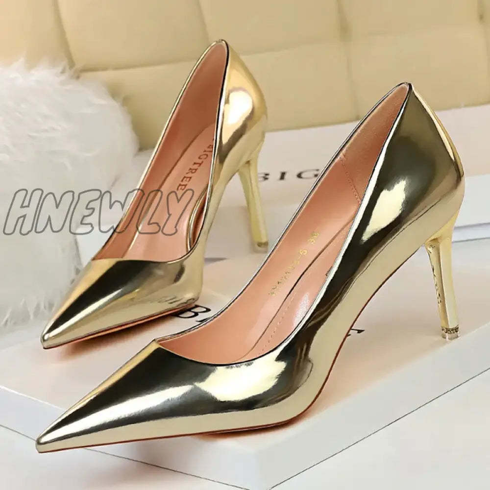 Hnewly Women Mteallic Patent Bronze Leather Pumps 7.5Cm 10.5Cm High Heels Lady Stiletto Middle Low
