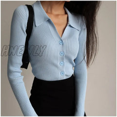 Hnewly Women New Lapel Slim Slimming Tops Ladies Hollow Buttons Sexy V Neck Long Sleeve Polo Knit