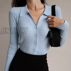 Hnewly Women New Lapel Slim Slimming Tops Ladies Hollow Buttons Sexy V Neck Long Sleeve Polo Knit