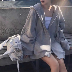Hnewly Women Oversized Loose Hoodies Sweatshirts Autumn Winter Solid Color Long Sleeve Hooded Tops