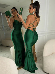 Hnewly Women Party Dress New Arrivals Maxi Satin Bodycon Green Halter Backless Sexy Celebrity Club