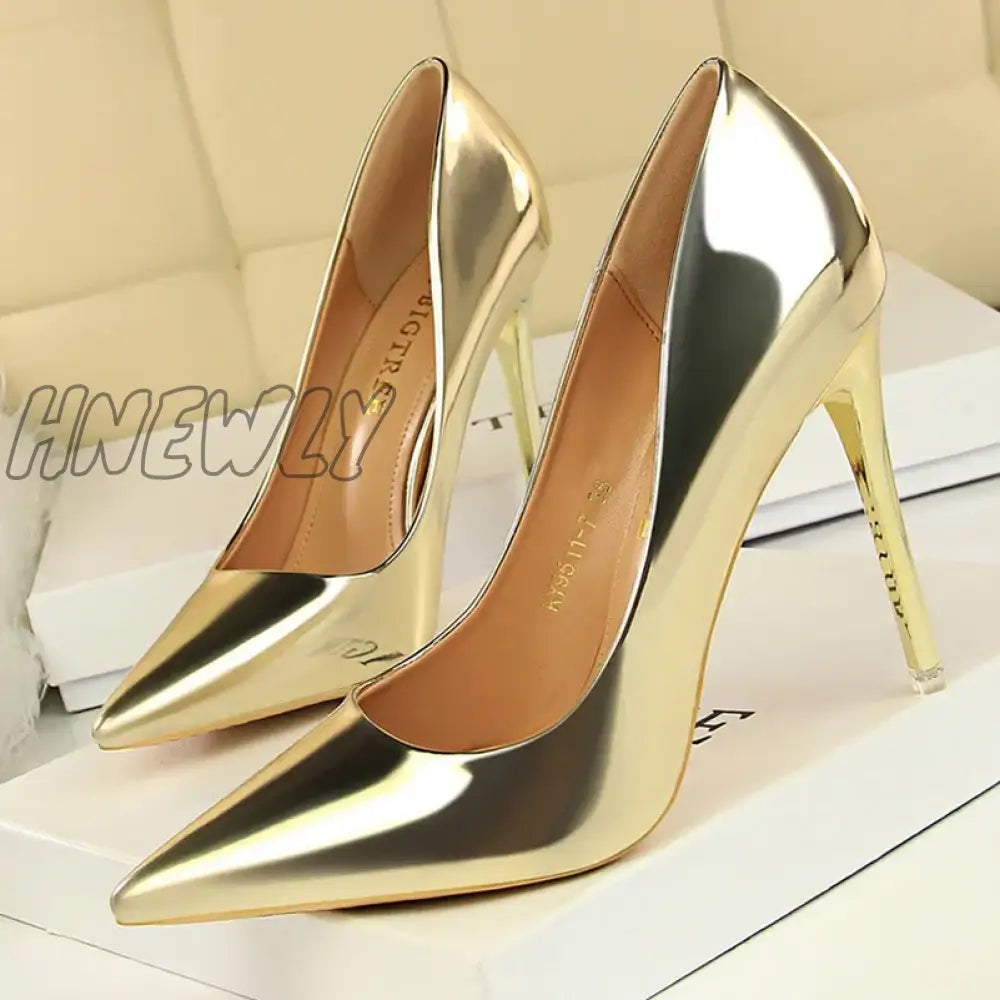Hnewly Women Patent Leather Pumps 7.5Cm 10.5Cm High Heels Lady Stiletto Low Wedding Bridal Mteallic