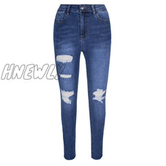 Hnewly Women Pencil Jean New Fashion Design Ripped High Waist Denim Pants Streetwear Skinny Casual