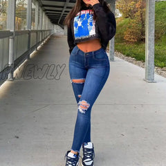 Hnewly Women Pencil Jean New Fashion Design Ripped High Waist Denim Pants Streetwear Skinny Casual