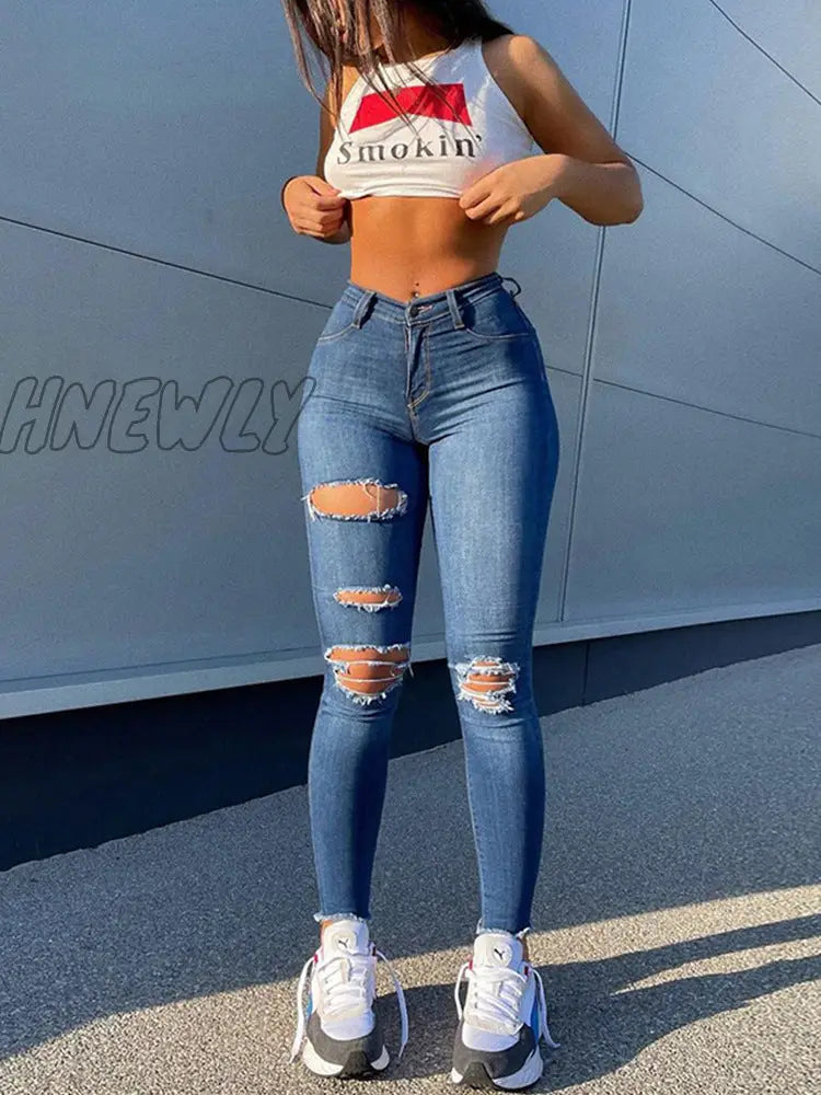 Hnewly Women Pencil Jean New Fashion Design Ripped High Waist Denim Pants Streetwear Skinny Casual