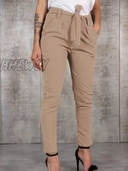 Hnewly Women Pencil Pants Spring Autumn High Waist Pocket Slim Solid Trousers