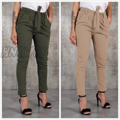 Hnewly Women Pencil Pants Spring Autumn High Waist Pocket Slim Solid Trousers