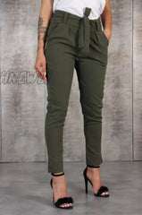 Hnewly Women Pencil Pants Spring Autumn High Waist Pocket Slim Solid Trousers Green / S