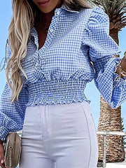 Hnewly Women Plaid Chiffon Blouses With A Fluffy Long Sleeve Elegant Button Korean Fashion Crop Top