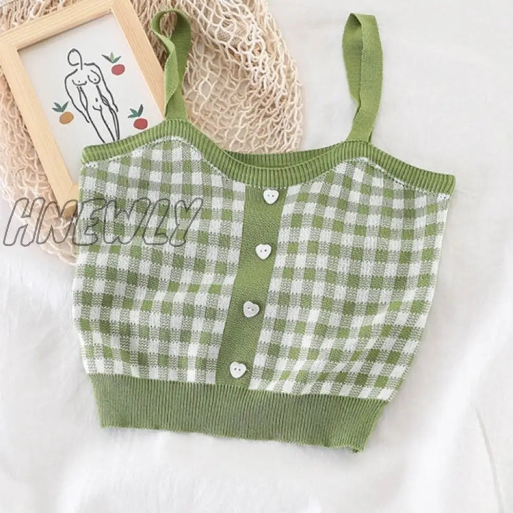 Hnewly Women Plaid Crop Tops Buttons Camis Knitting Cute Tank Ladies Sleeveless Solid Summer