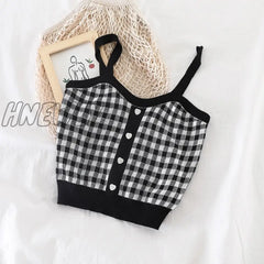 Hnewly Women Plaid Crop Tops Buttons Camis Knitting Cute Tank Ladies Sleeveless Solid Summer Black