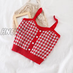 Hnewly Women Plaid Crop Tops Buttons Camis Knitting Cute Tank Ladies Sleeveless Solid Summer Pink /