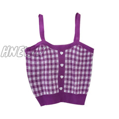 Hnewly Women Plaid Crop Tops Buttons Camis Knitting Cute Tank Ladies Sleeveless Solid Summer Purple