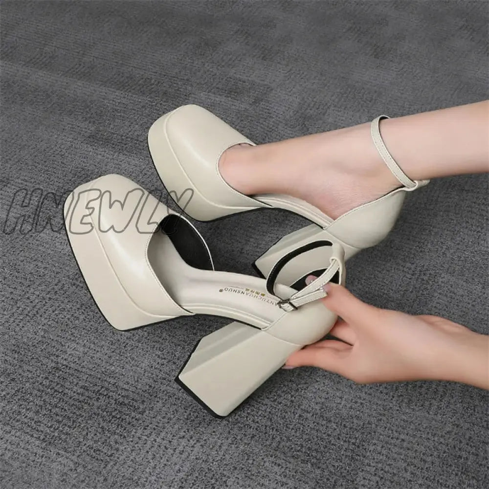 Hnewly Women Platform Mary Jane Shoes Female 2024 Spring 13.5Cm Super High Heels Ladies Square Toe