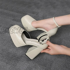 Hnewly Women Platform Mary Jane Shoes Female 2024 Spring 13.5Cm Super High Heels Ladies Square Toe